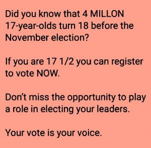 4 Million 17-Year olds turn 18 before November 2020. Register and Vote!